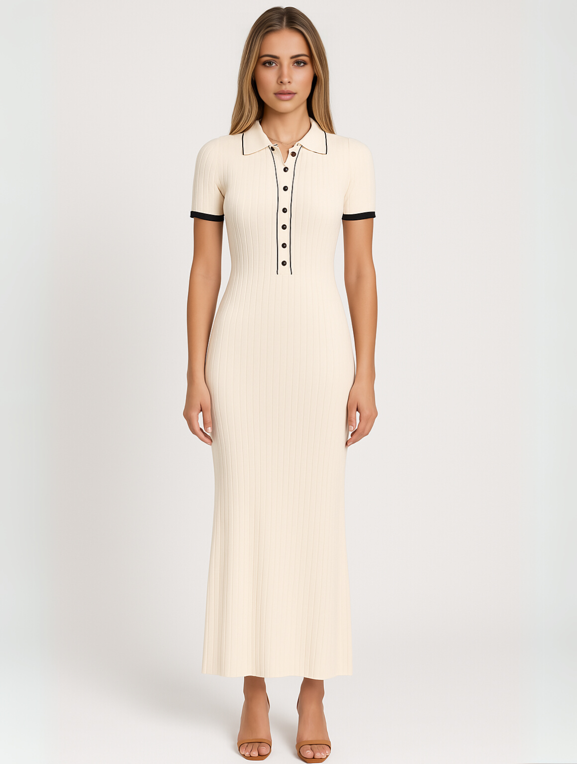 Robe longue côtelée boutonnée devant pour femme