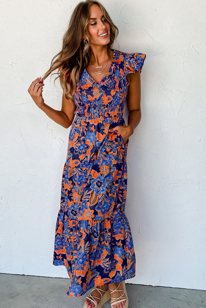 Robe longue d’été à smocks à fleurs pour femme