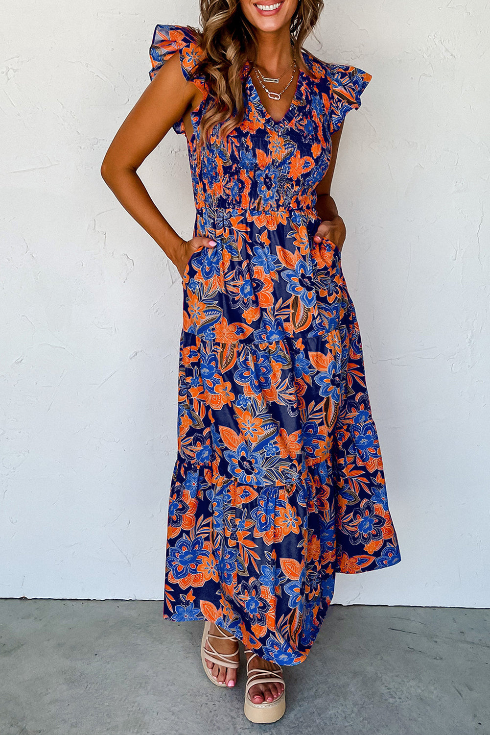 Robe longue d’été à smocks à fleurs pour femme
