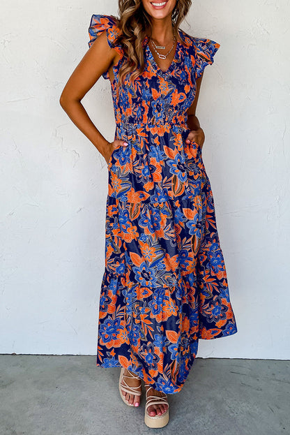 Robe longue d’été à smocks à fleurs pour femme