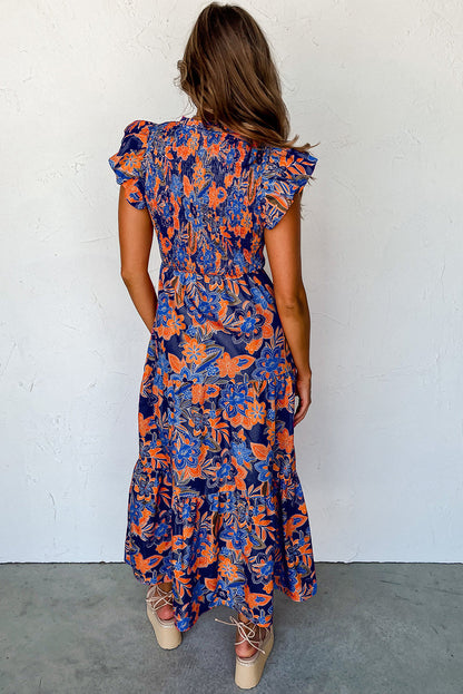 Robe longue d’été à smocks à fleurs pour femme