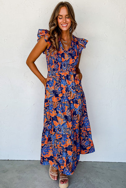 Robe longue d’été à smocks à fleurs pour femme