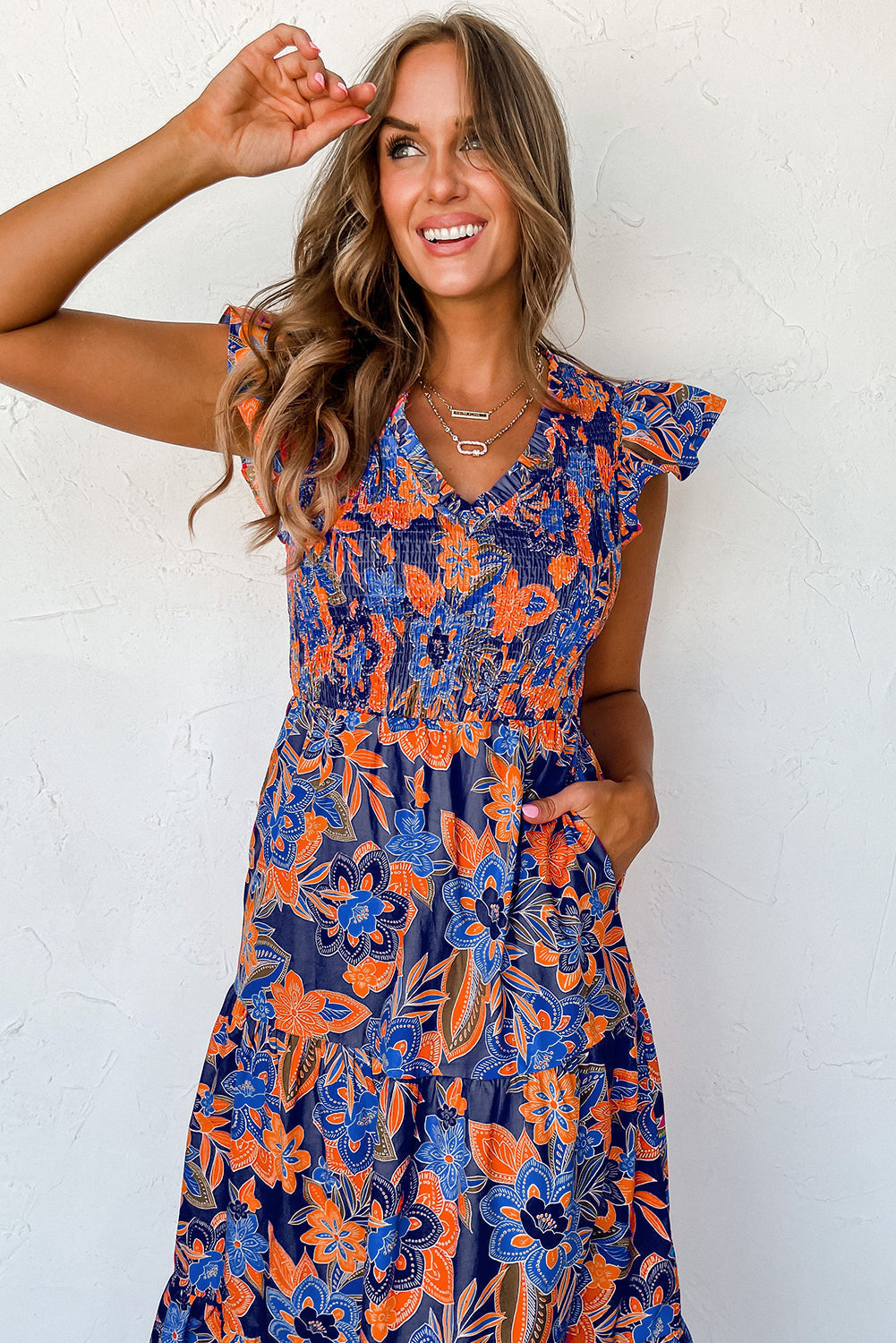 Robe longue d’été à smocks à fleurs pour femme