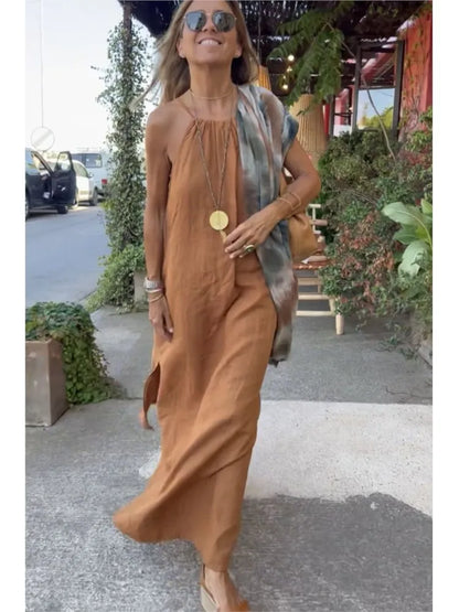 Robe longue dos nu pour femme - sans manches, coupe trapèze