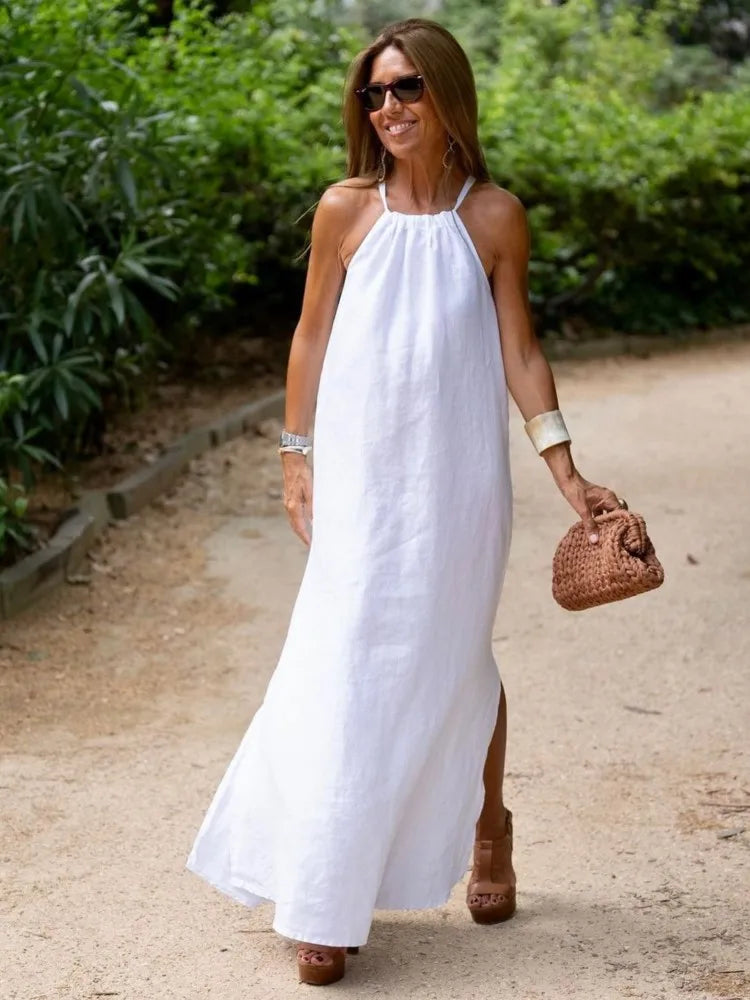 Robe longue dos nu pour femme - sans manches, coupe trapèze
