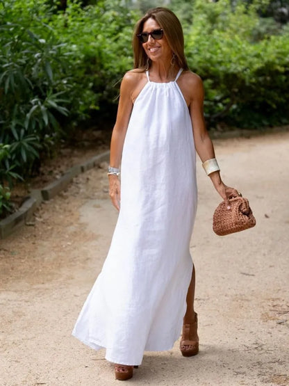 Robe longue dos nu pour femme - sans manches, coupe trapèze