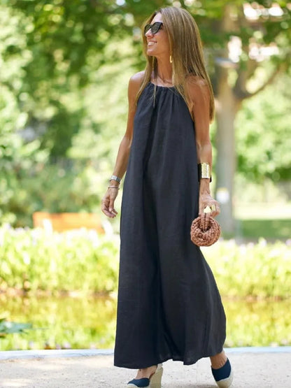 Robe longue dos nu pour femme - sans manches, coupe trapèze