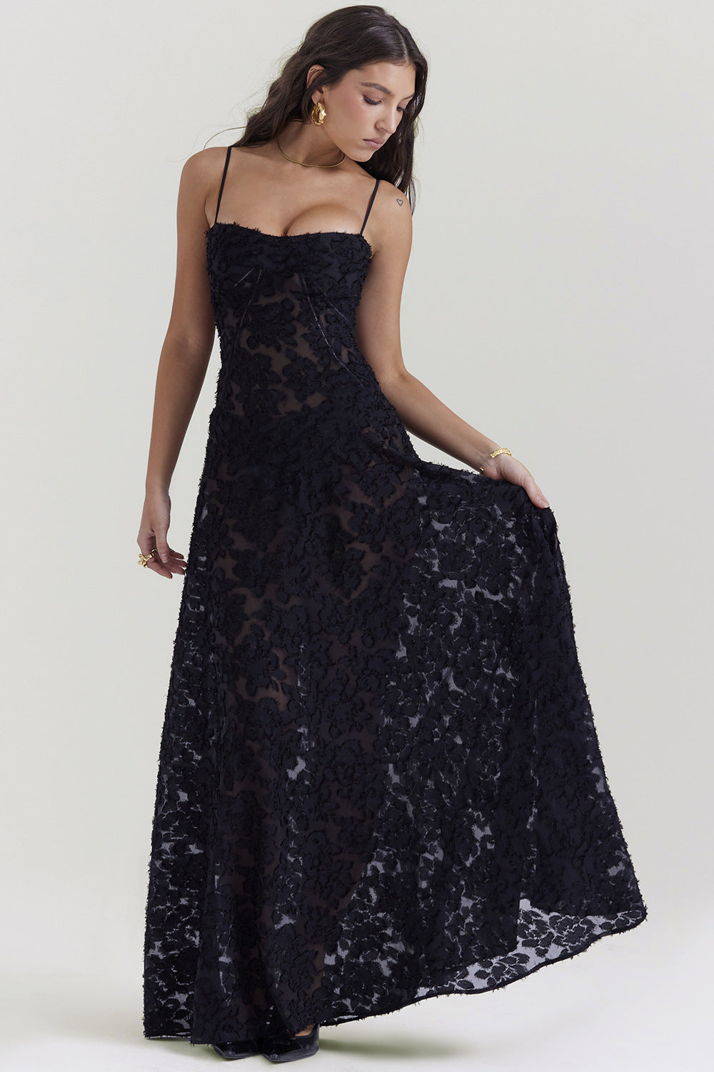 Robe longue élégante femme - effet soyeux - coupe ajustée - bretelles spaghetti