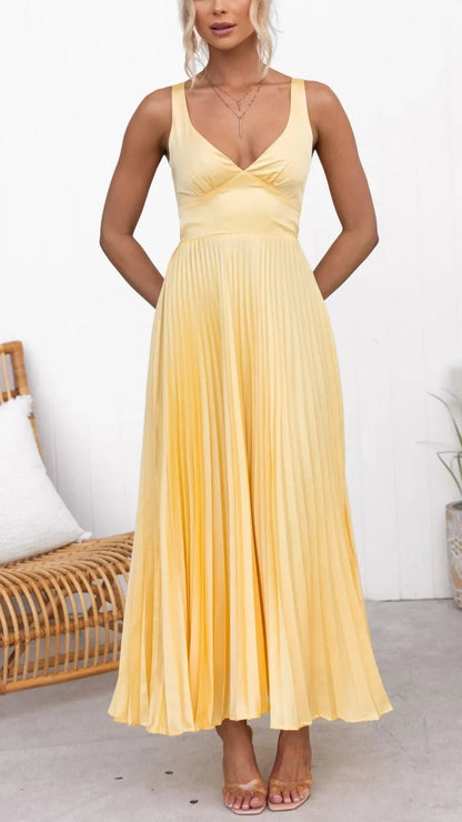 Robe longue élégante plissée jaune à décolleté en V