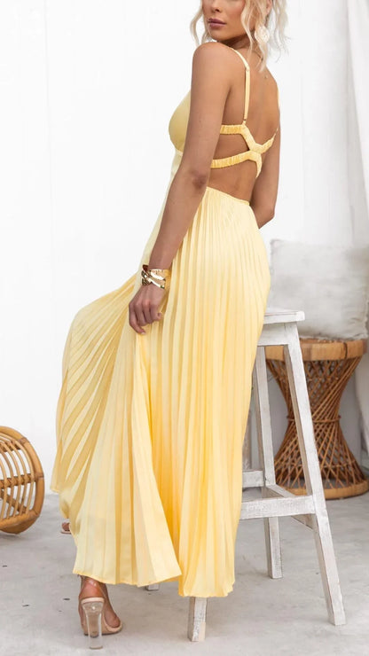 Robe longue élégante plissée jaune à décolleté en V
