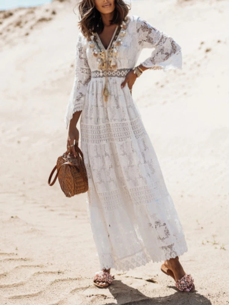 Robe longue en dentelle à col en V pour femme