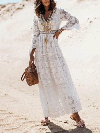 Robe longue en dentelle à col en V pour femme