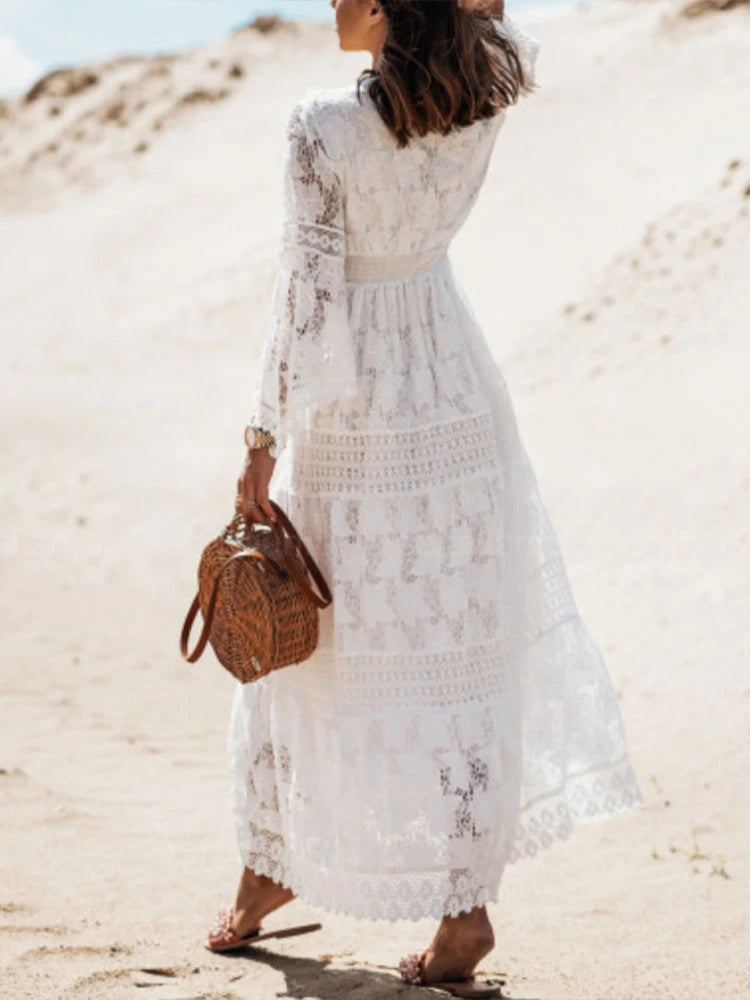 Robe longue en dentelle à col en V pour femme