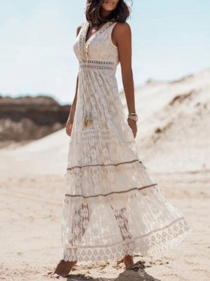 Robe longue en dentelle à col en V pour femme