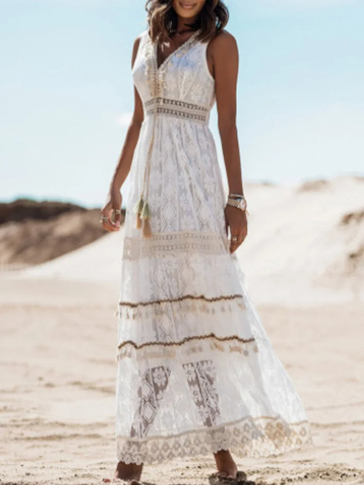 Robe longue en dentelle à col en V pour femme