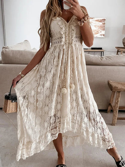 Robe longue en dentelle à col en V pour femme