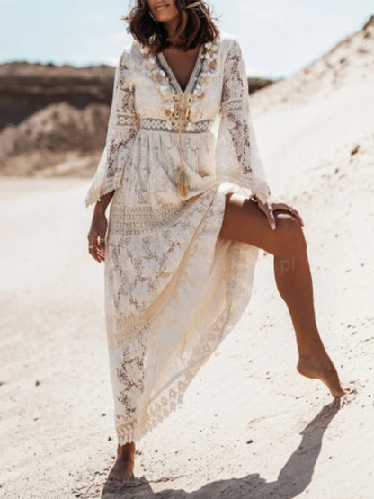 Robe longue en dentelle à col en V pour femme