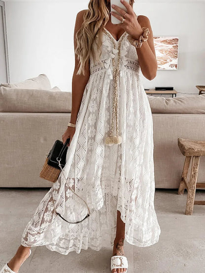 Robe longue en dentelle à col en V pour femme