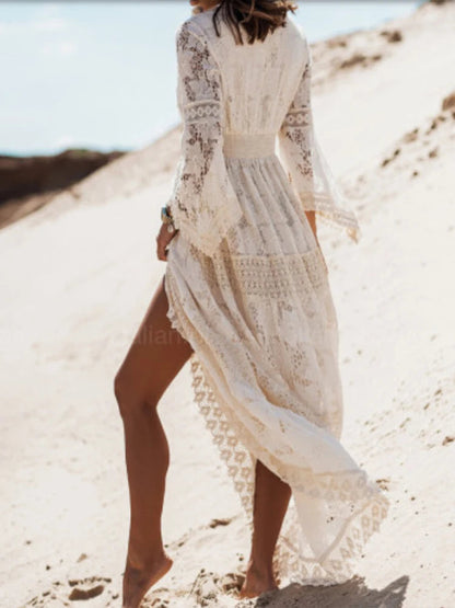 Robe longue en dentelle à col en V pour femme