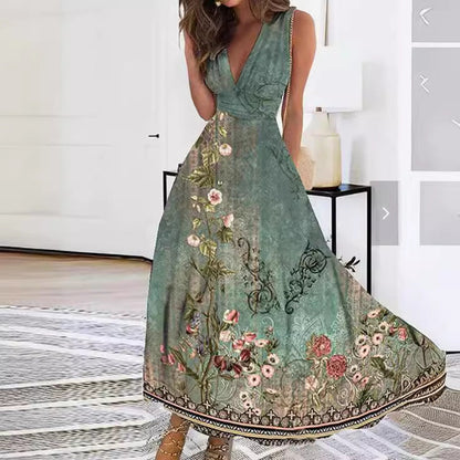 Robe longue fleurie à col en V pour femme