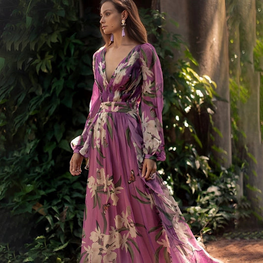 Robe longue fleurie à col en V pour femme