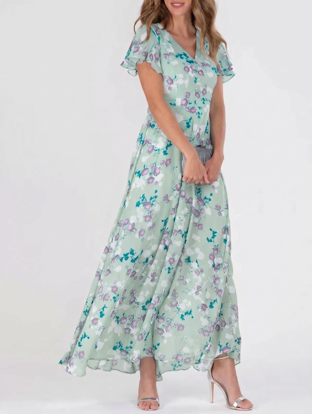 Robe longue fleurie à col en V pour femme