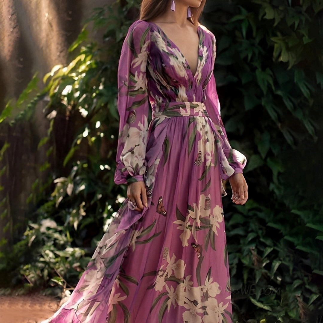 Robe longue fleurie à col en V pour femme