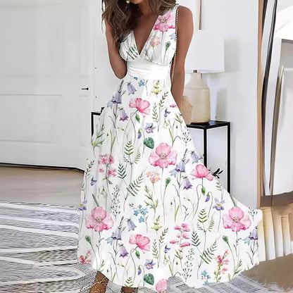 Robe longue fleurie à col en V pour femme