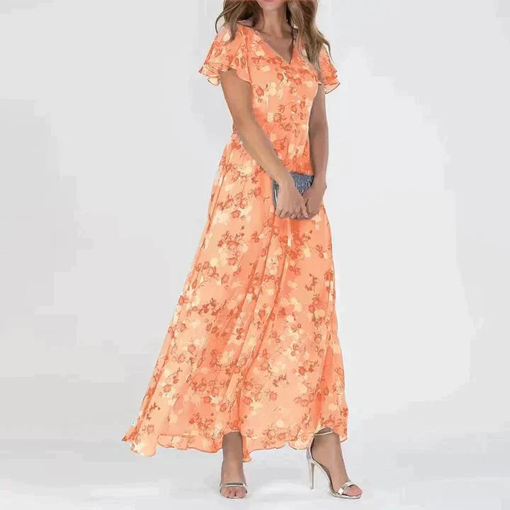 Robe longue fleurie à col en V pour femme