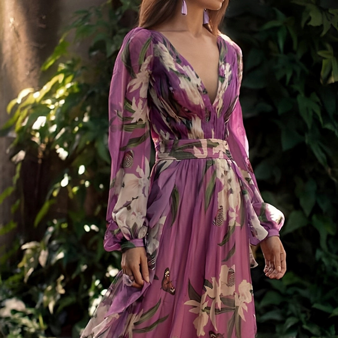 Robe longue fleurie à col en V pour femme