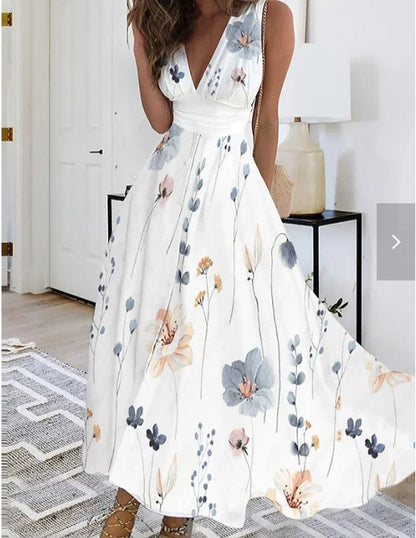 Robe longue fleurie à col en V pour femme