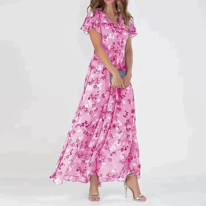 Robe longue fleurie à col en V pour femme