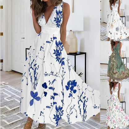 Robe longue fleurie à col en V pour femme