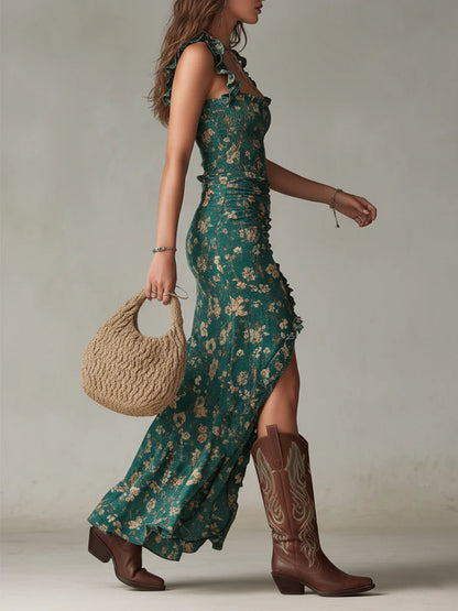 Robe longue fleurie froncée pour femme