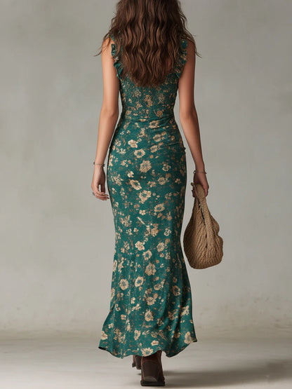 Robe longue fleurie froncée pour femme