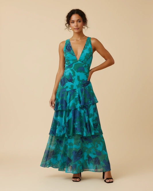 Robe longue fleurie sans manches à volants superposés femme