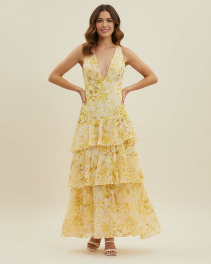 Robe longue fleurie sans manches à volants superposés femme