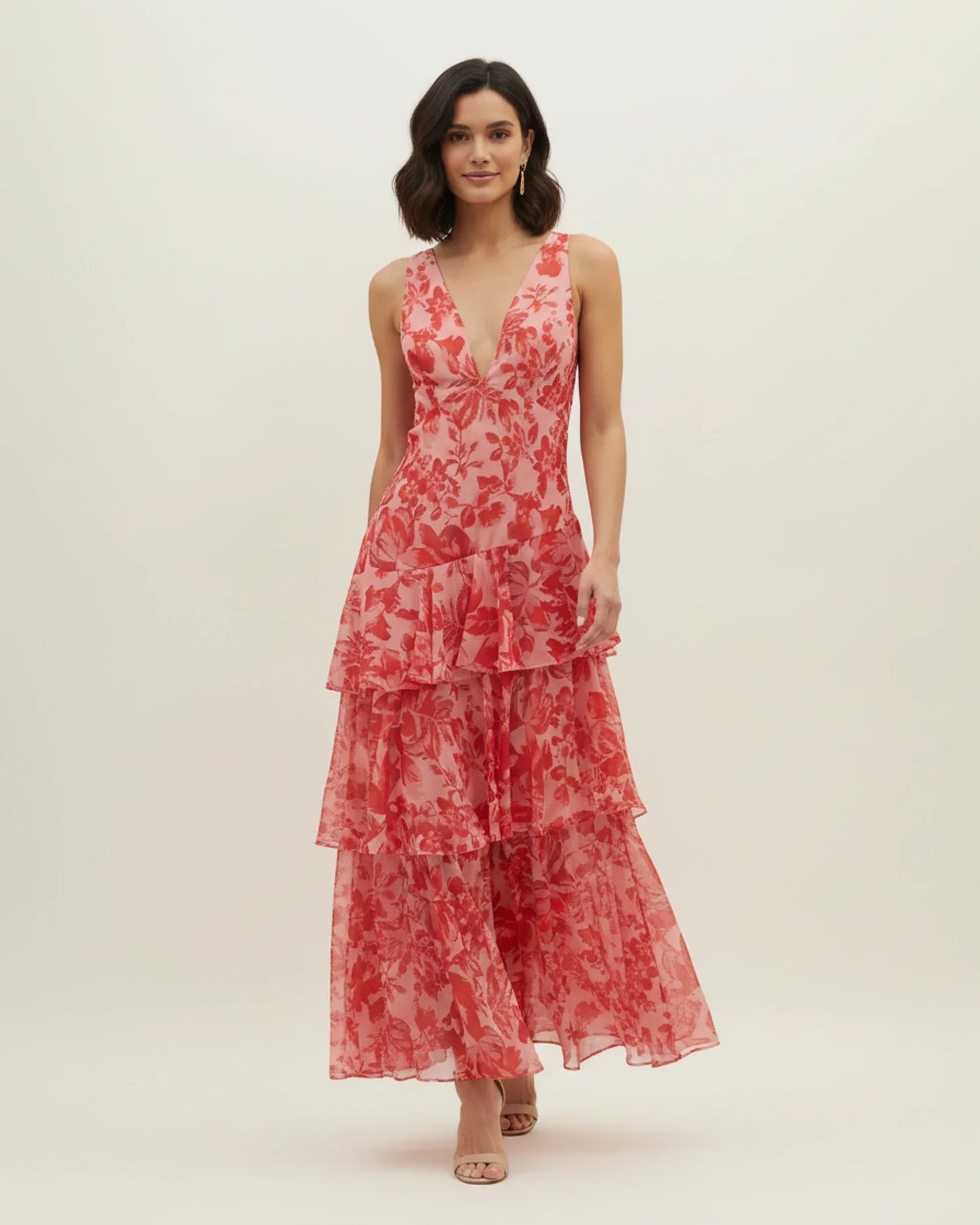 Robe longue fleurie sans manches à volants superposés femme