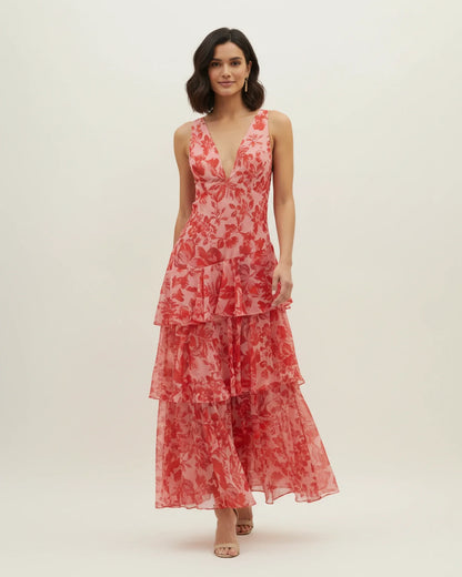 Robe longue fleurie sans manches à volants superposés femme