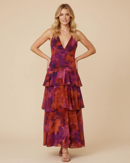 Robe longue fleurie sans manches à volants superposés femme