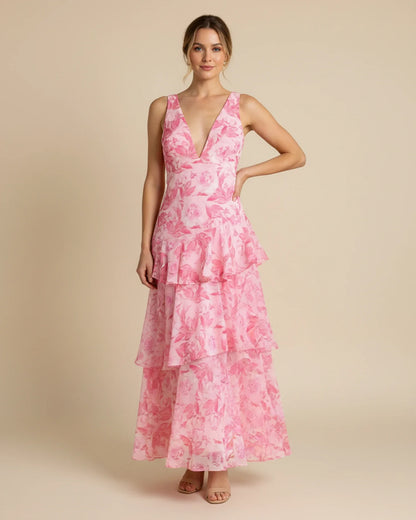 Robe longue fleurie sans manches à volants superposés femme