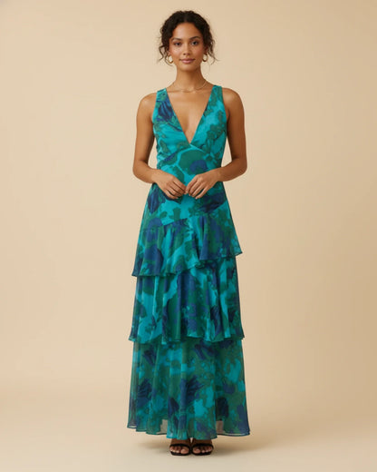 Robe longue fleurie sans manches à volants superposés femme