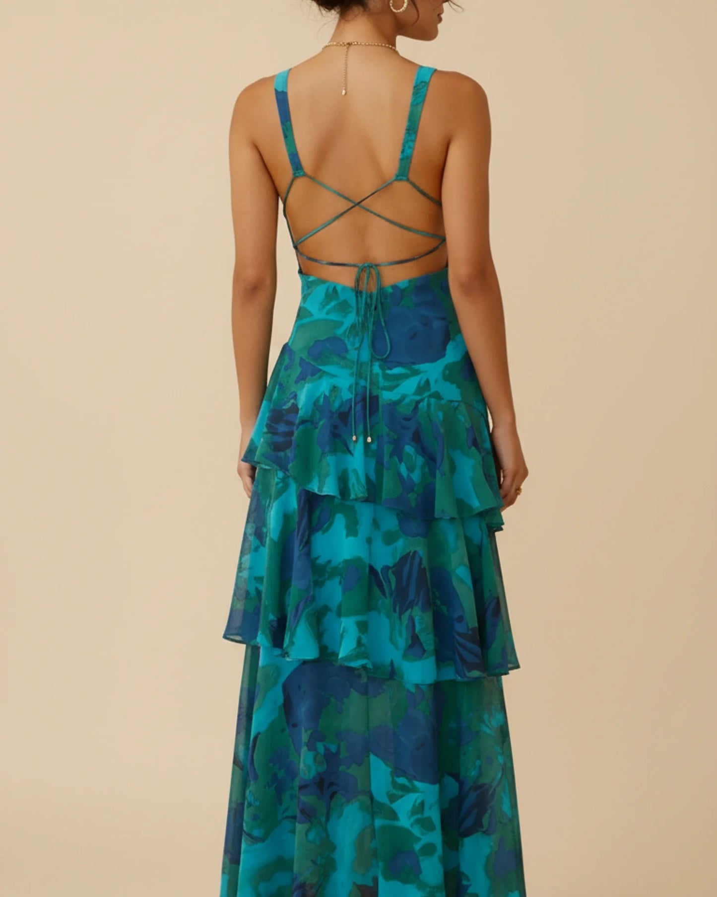 Robe longue fleurie sans manches à volants superposés femme