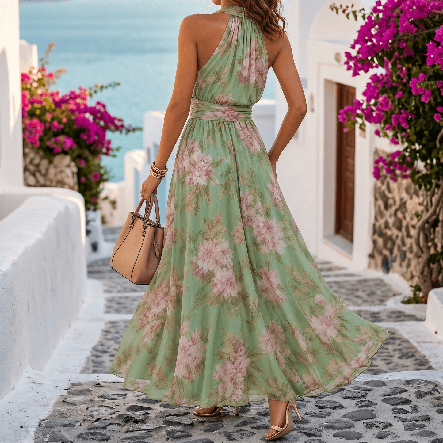 Robe longue fluide d’été vert sauge à fleurs pour femme