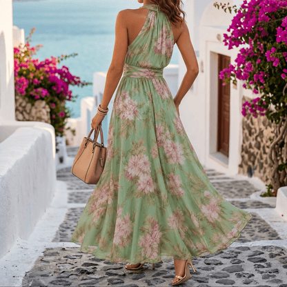 Robe longue fluide d’été vert sauge à fleurs pour femme