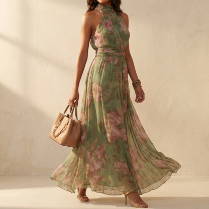 Robe longue fluide d’été vert sauge à fleurs pour femme