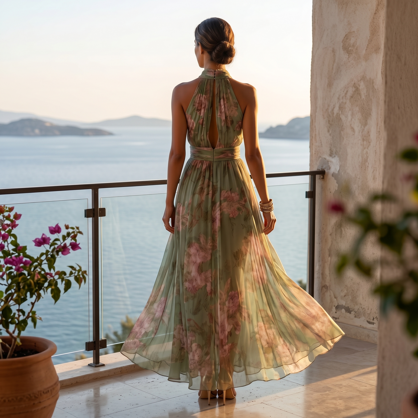 Robe longue fluide d’été vert sauge à fleurs pour femme