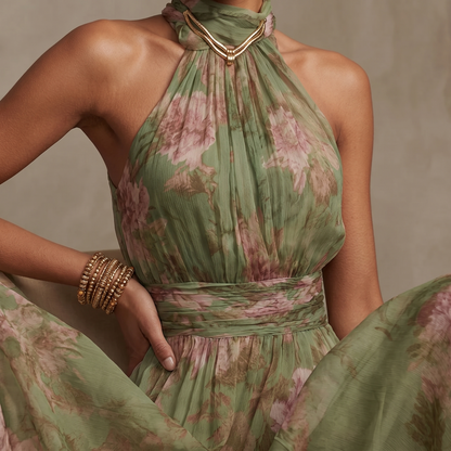 Robe longue fluide d’été vert sauge à fleurs pour femme