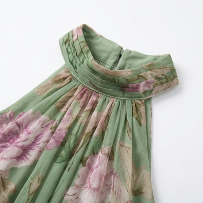 Robe longue fluide d’été vert sauge à fleurs pour femme