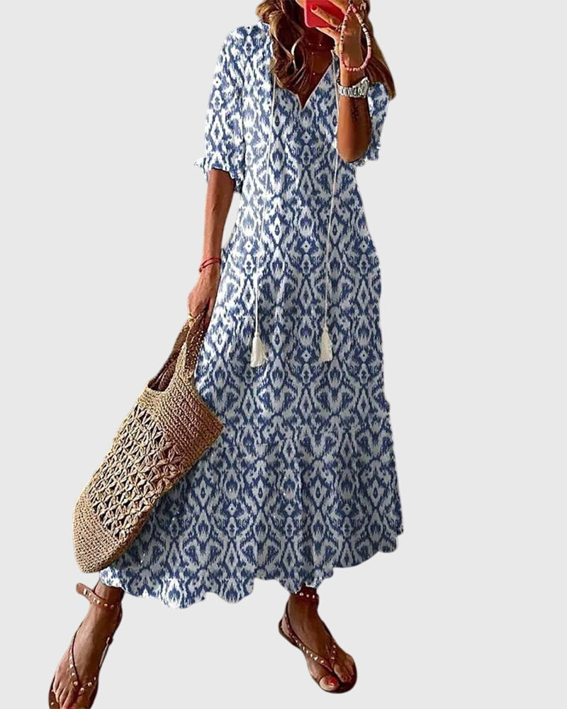 Robe longue imprimée à col en V pour femme